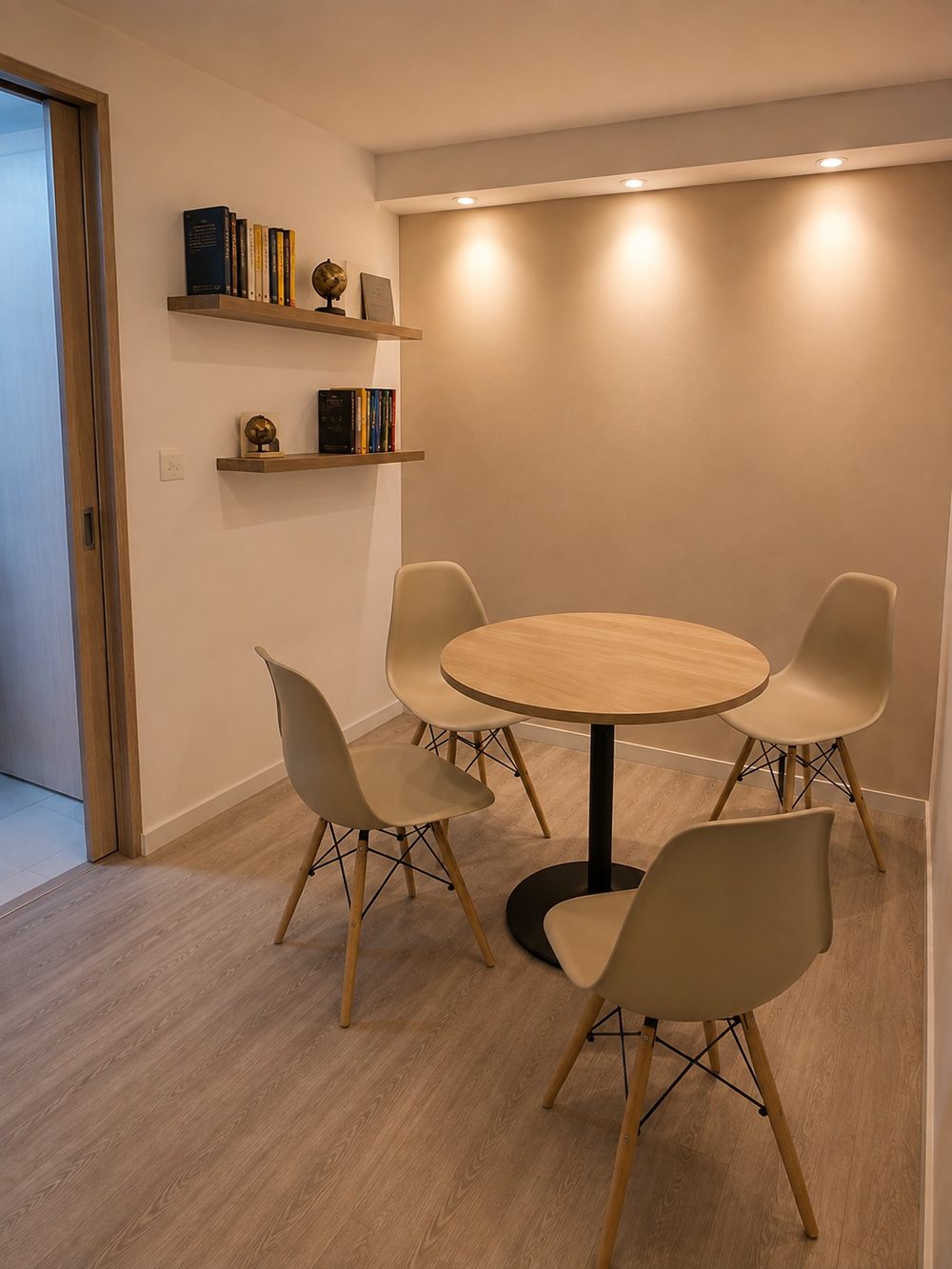 Sala de introducciones: mesa redonda con cuatro sillas claras, repisas con libros y un globo terráqueo, bajo luz cálida.
