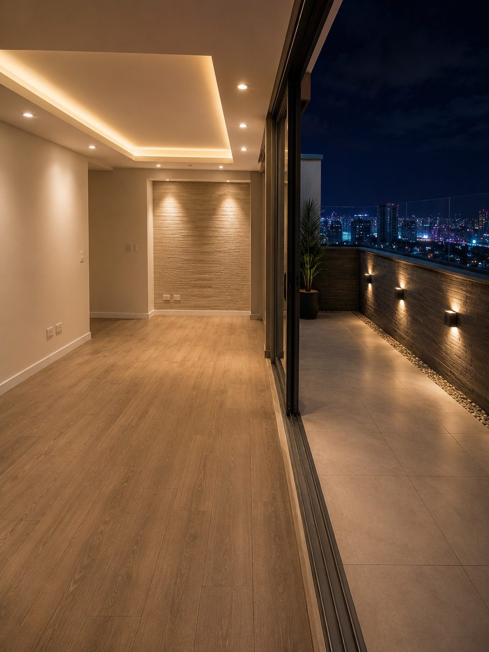 Sala despejada de piso de madera y luz cálida indirecta, abierta a la terraza por un ventanal corredizo.