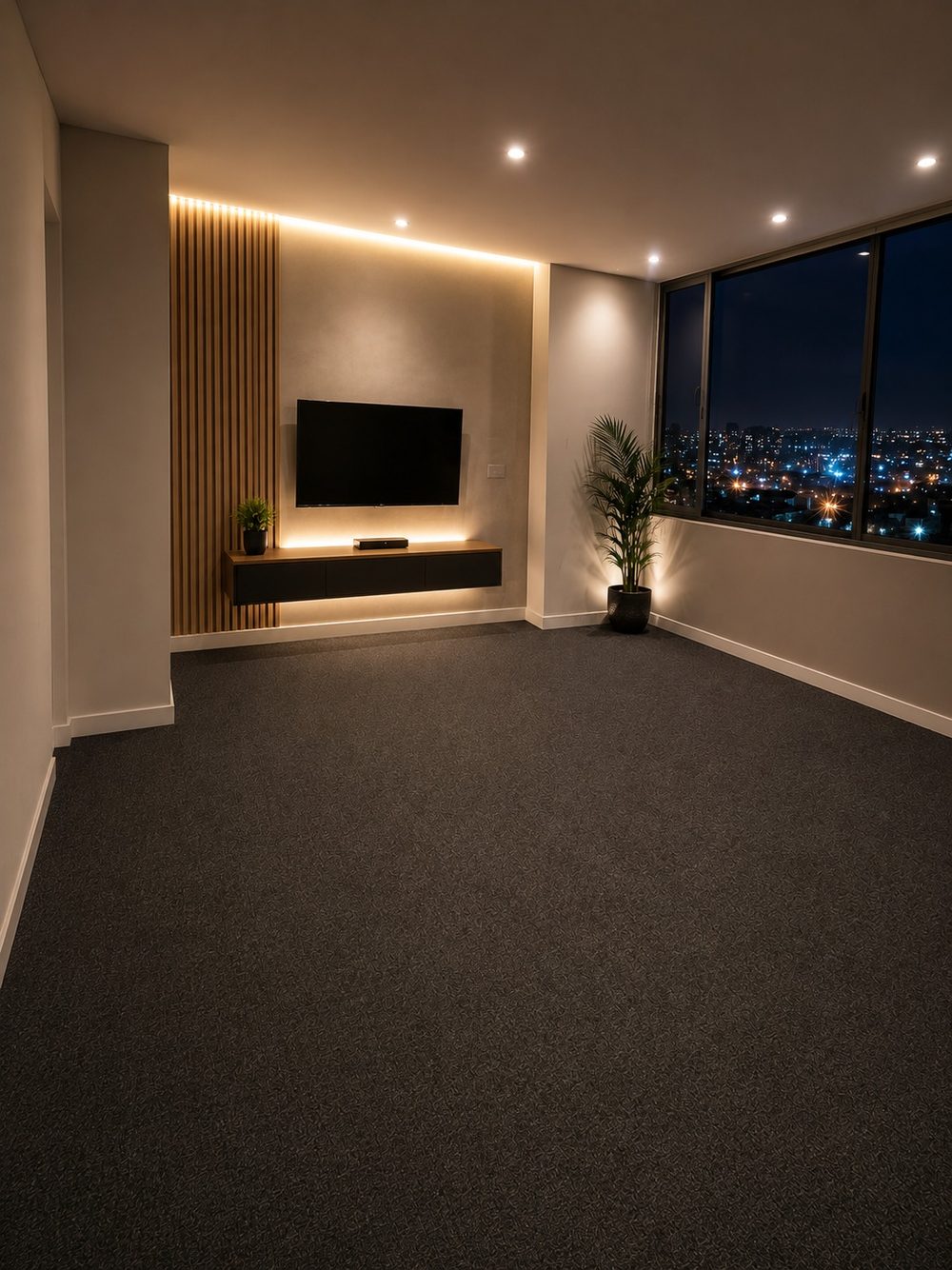Sala juvenil alfombrada, con pantalla montada sobre un mueble bajo iluminado y ventanal con vista nocturna de la ciudad.