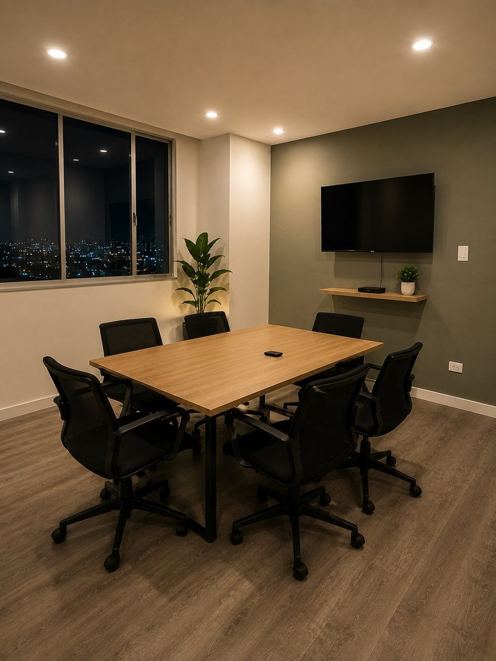 Sala de juntas con mesa de madera para seis, sillas de oficina, pantalla en la pared verde y ventanal con vista a la ciudad.
