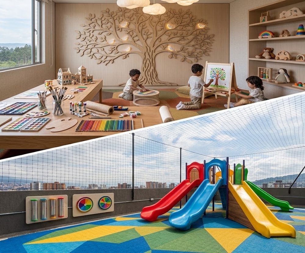 Sala infantil con mural de un árbol, mesa de pintura y niños jugando, y el mini parque de la terraza con rodaderos y malla de protección.