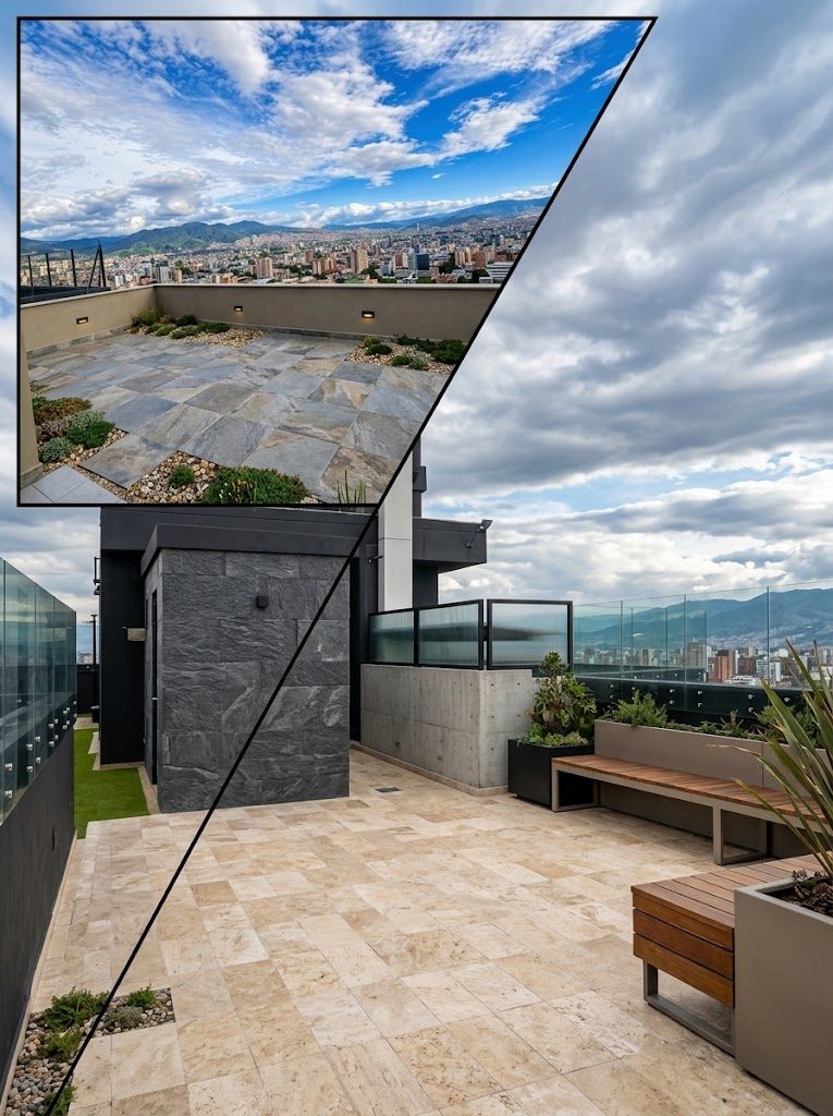 Terraza al aire libre con piso de piedra, bancas de madera y jardineras, con vista abierta sobre la ciudad y los cerros.