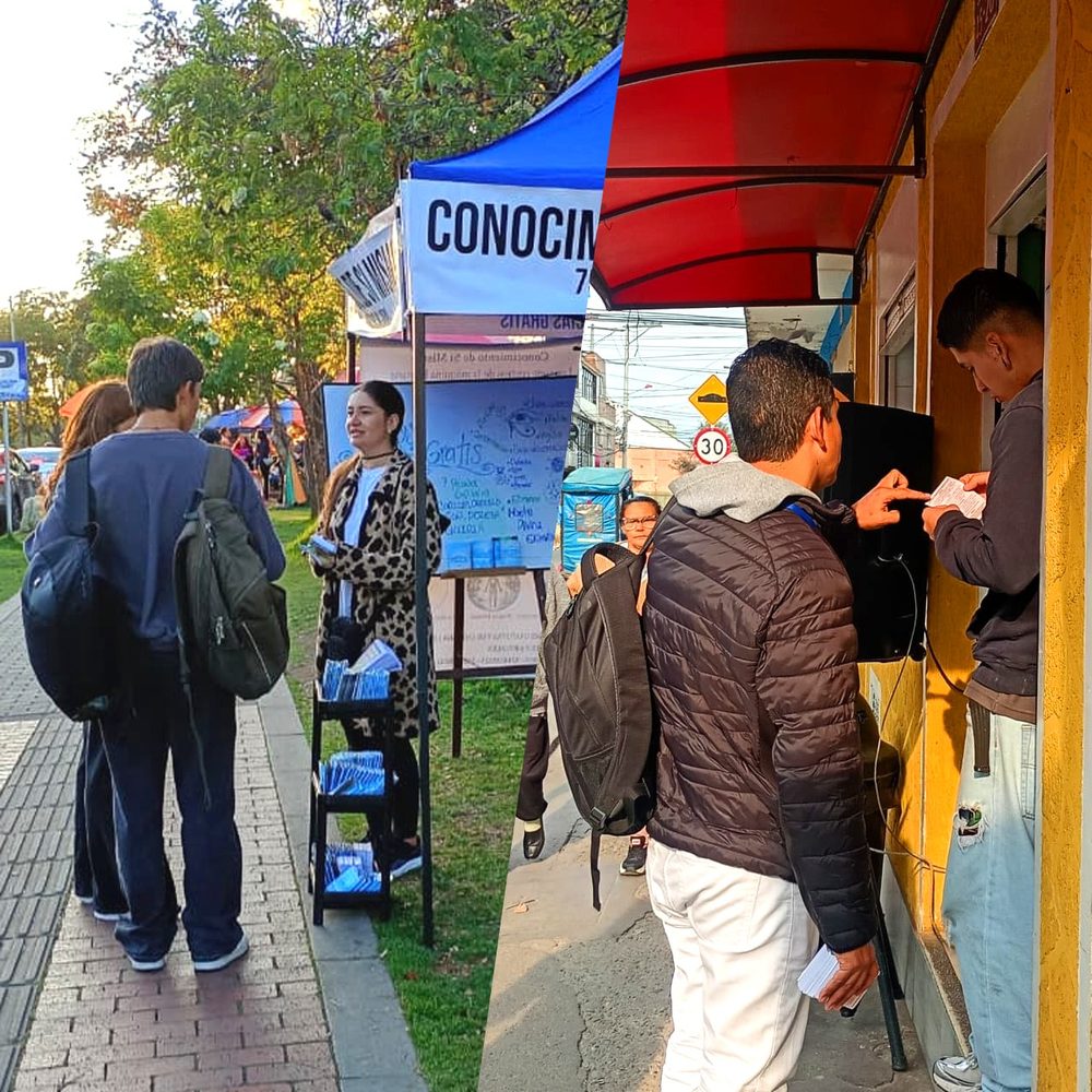 Dos escenas del trabajo de difusión en la calle: un puesto con folletos en un andén de Bogotá y dos personas entregando material a un vecino.